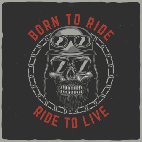 Modello di disegno del manifesto del cranio del motociclista vintage hipster