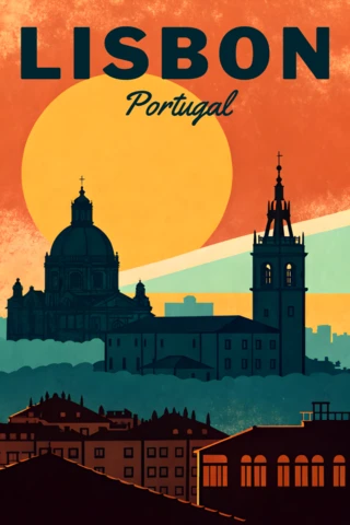 Vintage Lissabon stadsgezicht ontwerp sjabloon voor reisposters