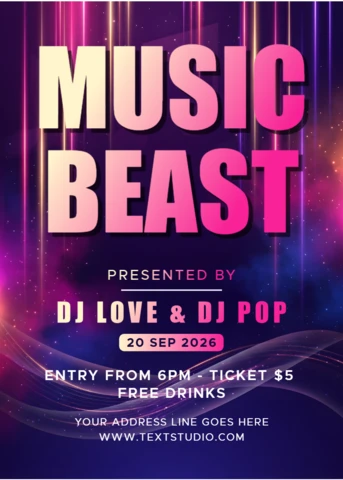 Szablon ulotki na imprezę muzyczną neonową z żywą różową gradientową typografią, promocją nocy DJ-a i świecącym abstrakcyjnym tłem