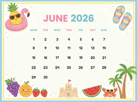 Calendário de verão tropical de junho de 2026 com boia de flamingo de abacaxi, palmeiras e castelo de areia.