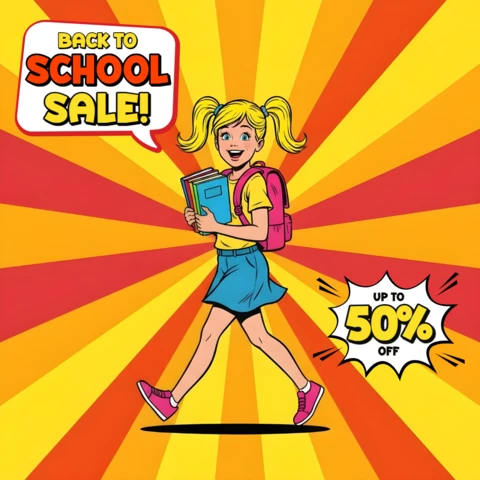 Comic Schoolgirl Sale Back to School Scene with Books & Limited-Time Promo Banner Design Template for Promotional Flyers