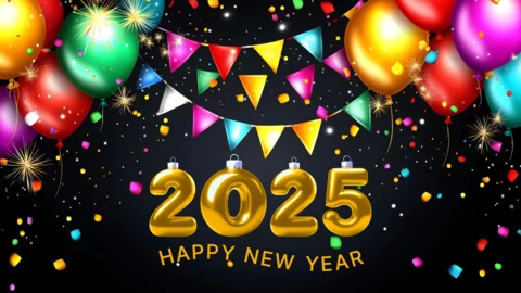Ballons de fête colorés et drapeaux 2025 modèle de carte de vœux pour le nouvel an