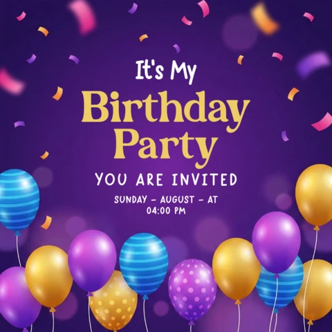 Zaproszenie na przyjęcie urodzinowe plakat fioletowe tło z balonami, konfetti, pudełkami prezentowymi i świątecznym motywem celebracyjnym