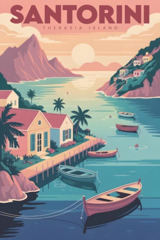 Scena del molo dell'isola di Therasia con barche e bagliore del tramonto, modello di poster di viaggio di Santorini.