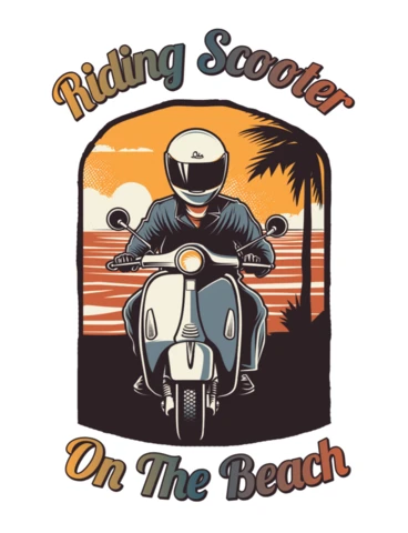 Conception de t-shirt avec un scooter sur la plage au coucher du soleil, liberté et ambiance côtière.