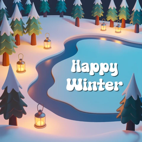 Winter Wonderland Design Template with Trees and Lanterns for Greeting Cards
