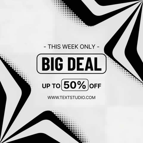 Plantilla promocional dinámica en blanco y negro para volantes de grandes ofertas