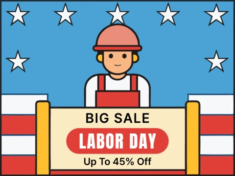 Modelo de design de promoção do Dia do Trabalho - estilo divertido de desenho animado com grandes descontos