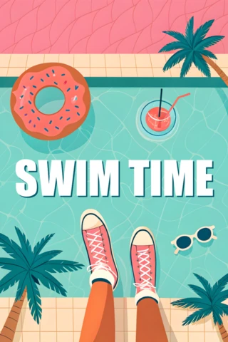 Summer Vibes Swim Time Template with Pool and Tropical Elements for Posters