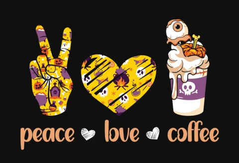 Peace love coffee plantilla de diseño de camiseta de halloween