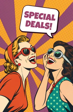 Retro Pop Art Template for Promotional Flyers Featuring Stylish Women and Special Deals
