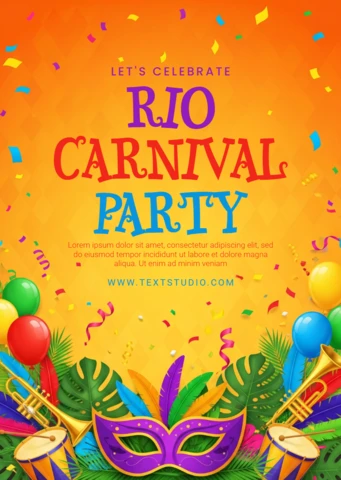Vibrant Carnival Poster Colorful Decorations Featuring Musical Instruments, Party Elements & Festive Mask for Rio Celebration