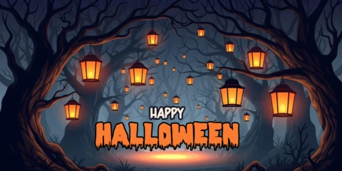 Halloween-Wald leuchtende Laternen, verdrehte Bäume & tropfendes Facebook-Cover-Design-Vorlage