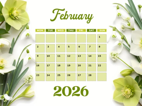 Floral Calendar Template Design for February 2026 Editable Planner