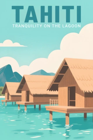 Tahiti Lagoon and Overwater Bungalows Design for Travel Posters and Merchandising Template