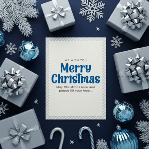 Tarjeta de temporada navideña elegante con guirnalda y regalos rodeados de copos de nieve, diseño de feliz navidad y deseos alegres.