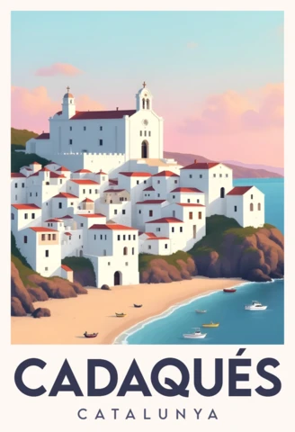 Ilustración costera retro de Cadaqués para carteles y postales de souvenirs.