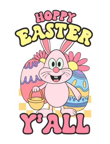 Buona Pasqua a tutti, maglietta con design di coniglio rosa con cestino, uova e fiori.