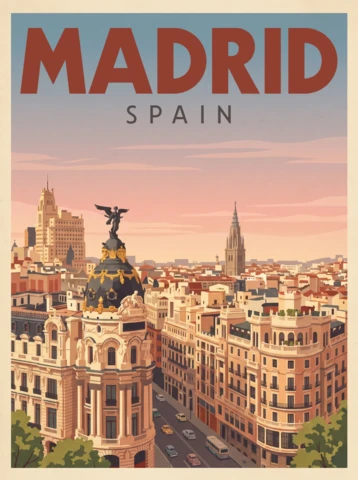 Vintage Retro Spain Travel Wall Art Print Madrid Sunset Poster Scenic Metropolis Dome Statue Historic Architecture Landscape