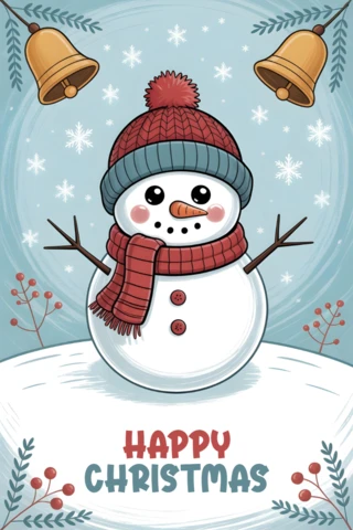 Christmas Greeting Card Snowman in Red-Blue Hat with Golden Bells, Pine Branches, and Falling Snowflakes Design Template