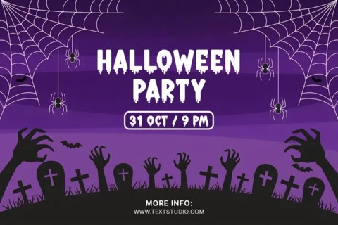 Spooky Purple Halloween Party Invitation Template with Graveyard and Spider Webs