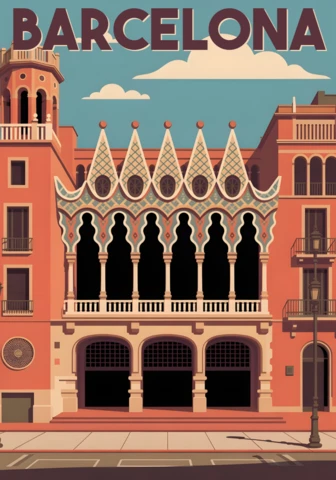 Catalan Modernist Building with Ornate Arches and Tower Barcelona Travel Posters Design Template