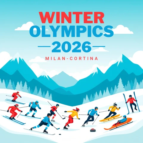 Pôster das Olimpíadas de Inverno de Milão-Cortina 2026: esqui, snowboard, curling e mais dos jogos de Milão-Cortina.