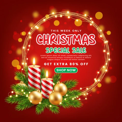 Affiche de promotion de Noël pour les achats de vacances avec des icônes festives et un éclat saisonnier élégant