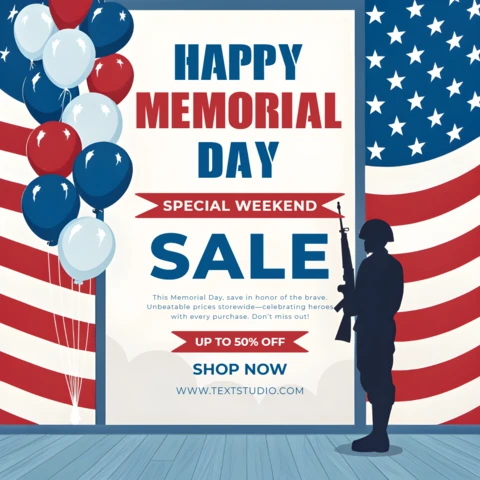 Memorial Day Sale Template - Patriotic Design with Balloons and Soldier Silhouette