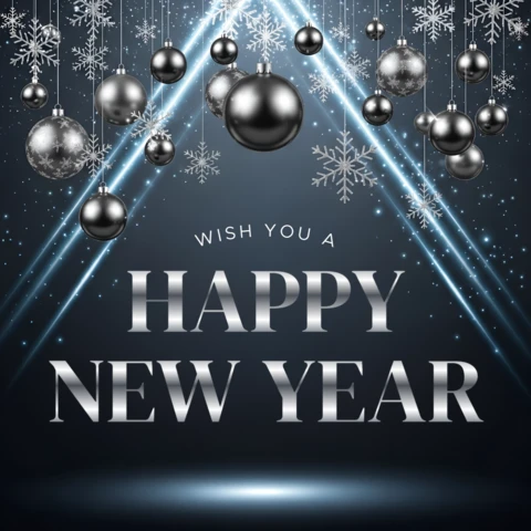 New Year Celebration Design Template with Silver Ornaments and Snowflakes for Festive Greeting Cards