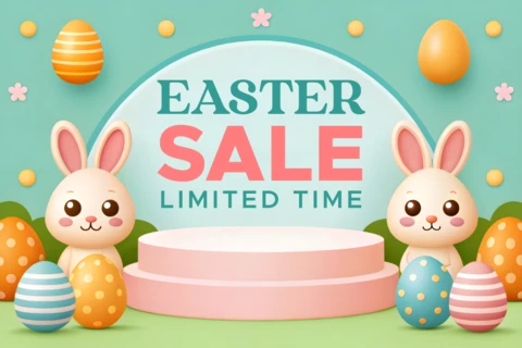 Playful Easter Sale Design Template with Cute Bunnies and Colorful Eggs