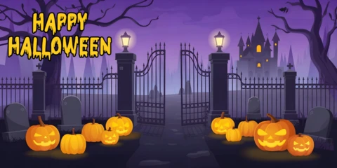 Heimgesuchter Friedhof Halloween leuchtende Kürbisse & spukendes Schloss Facebook Cover Design Vorlage