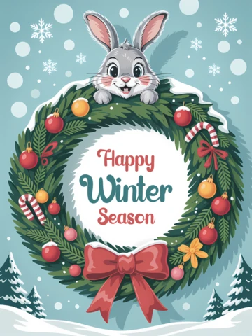 Plantilla de diseño de corona de temporada invernal con lindo conejo para tarjetas navideñas