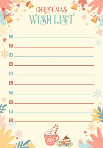 Christmas Wish List Template Festive Design with Bells, Snowflakes, and Dessert Illustration for Holiday Planning