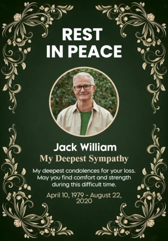 Remembrance Poster Floral Frame Design with Circular Photo and Condolence Message Rest in Peace Design Template