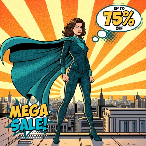 Escena de azotea urbana de superhéroe de cómic con oferta por tiempo limitado y diseño de rayos audaces para folletos promocionales.