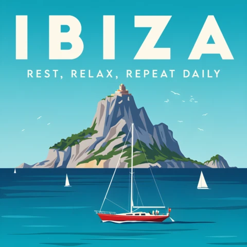 Retro Flat Ibiza Travel Poster Template with Sailboat for Wall Art and Souvenirs