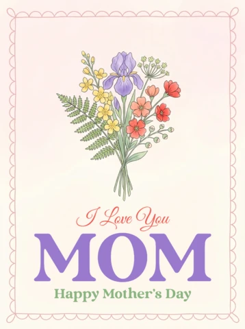 Mother’s Day Greeting Card Poster - I Love You Mom Floral Bouquet with Purple, Yellow, and Red Blossoms