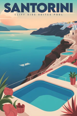 Santorini uçurum kenarındaki süitler, sonsuzluk havuzları ve gün batımı manzarası seyahat posterleri tasarım şablonu