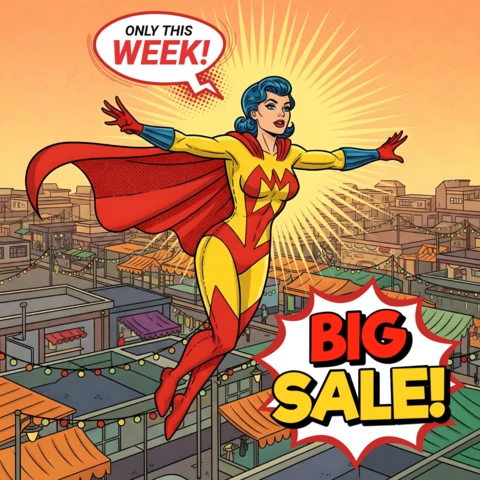 Arte de cómic estilo superhéroe de vuelo urbano en gran venta con puestos de mercado y diseño de explosión de tiempo limitado para volantes promocionales.