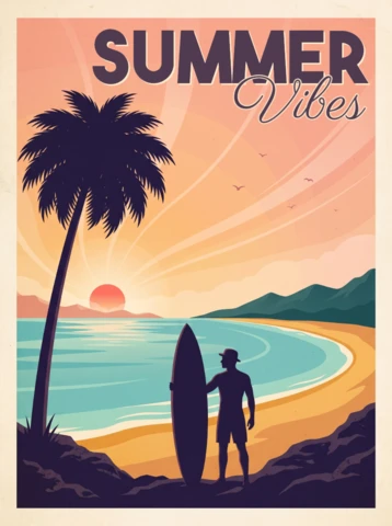 Retro Summer Vibes Surf Poster with Palm Tree, Surfer Silhouette, Ocean Waves, Sunset Horizon and Nostalgic Tropical Atmosphere