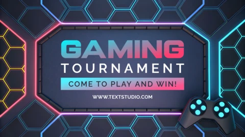 Gaming Tournament Design Template with Neon Hexagonal Background and Controller