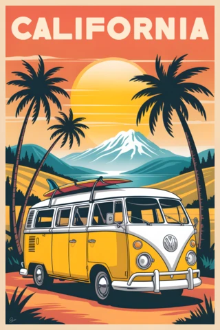 Plantilla de diseño de furgoneta retro de California para carteles