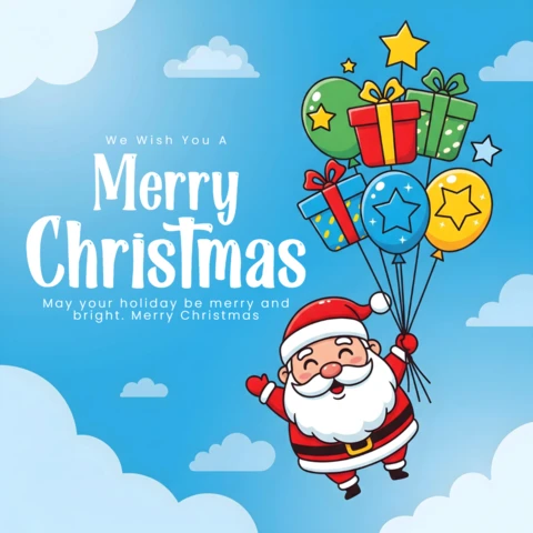 Whimsical Holiday Poster Santa Holding Starry Balloons in Cheerful Sky Scene with Festive Greeting Design Template