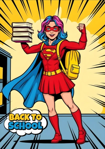 Ragazza supereroe di ritorno a scuola con libri e zaino davanti al design del poster dell'edificio scolastico.