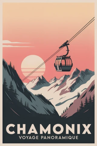 Chamonix Mountain Cable Car Design for Retro Flat Travel Posters Template