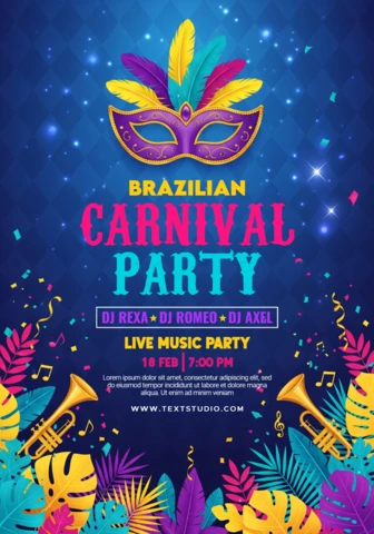 Brazilian Carnival Party Poster Dark Blue Background with Feathered Mask, Trumpets, and Tropical Leaves