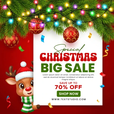 Christmas Sale Flyer Template Festive Design with Reindeer, String Lights, Ornaments, and Bold Discount Banner