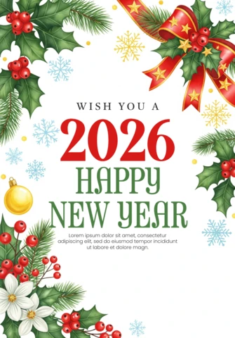 Watercolor New Year Card 2026 Celebration with Holiday Botanicals and Gold Ribbon Details