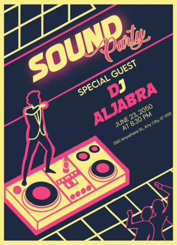 Neon retrowave sound party design template for dj events